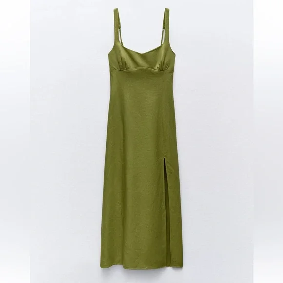 Zara Olive Green Midi Dress with Front Slit - Picture 2 of 3